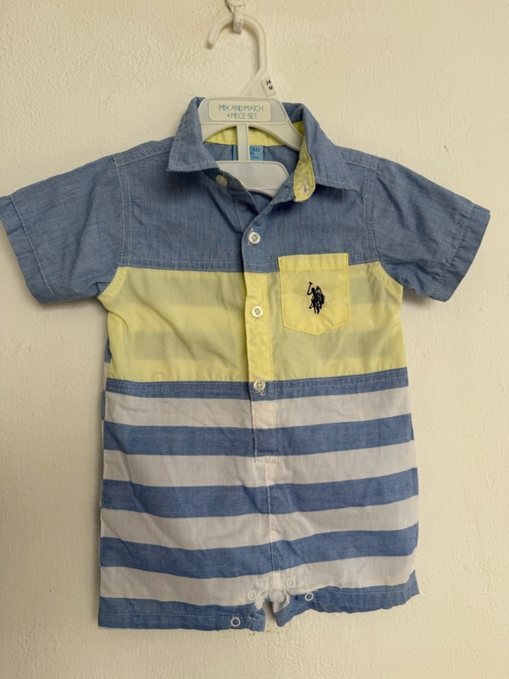 Kids Short-Sleeve U.S. Polo Stripe Romper in Blue and Yellow